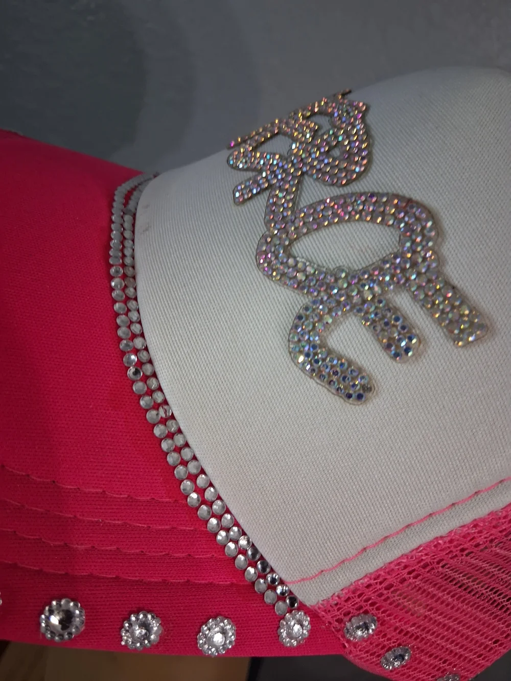 Hand Crafted Fierce Embellished Trucker Hat - Hot Pink & White